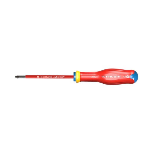Facom insulated Phillips screwdriver with red and yellow handle, side view, ATD1X100VE.
