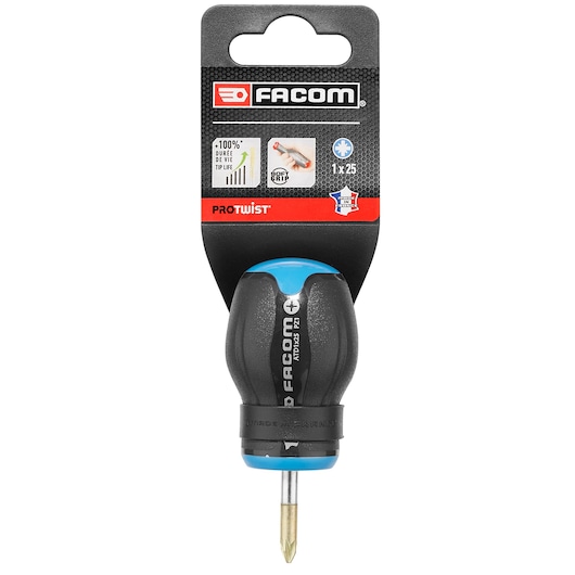 Facom ATD1X25PB stubby Phillips screwdriver with black and blue ergonomic handle, front view on white background.