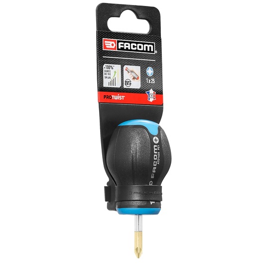 Facom ATD1X25PB stubby Phillips screwdriver with black and blue handle, product packaging, front view.