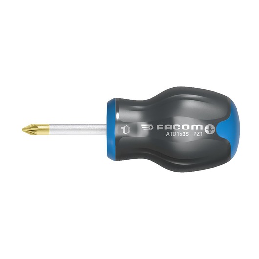 Facom ATD1x35 stubby Phillips screwdriver with black and blue ergonomic handle, side view on white background.