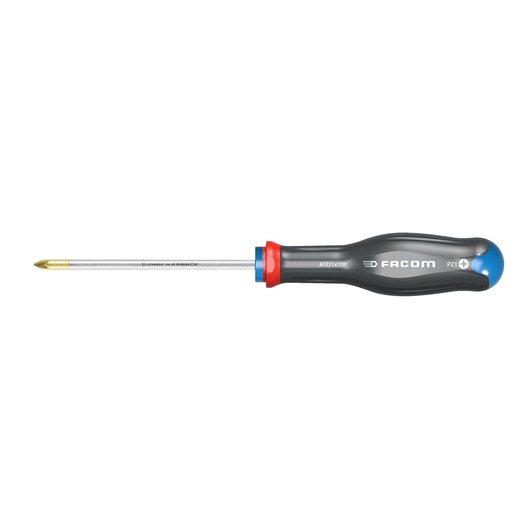 Facom ATD1X75 Phillips screwdriver, gray handle, red and blue accents, side view, white background.