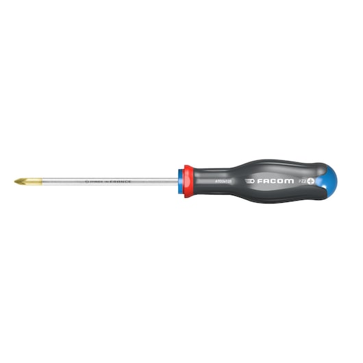 Facom ATD2X100 photography of black and blue Pozidriv screwdriver, side angle, on white background.
