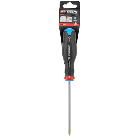 Facom ATD2X125PB Phillips screwdriver with black and blue ergonomic handle, straight-on angle.