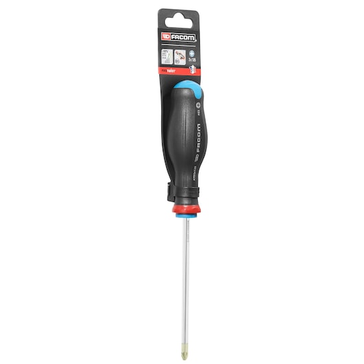 Facom ATD2X125PB Phillips screwdriver with black ergonomic handle, blue and red accents, front angle, white background.