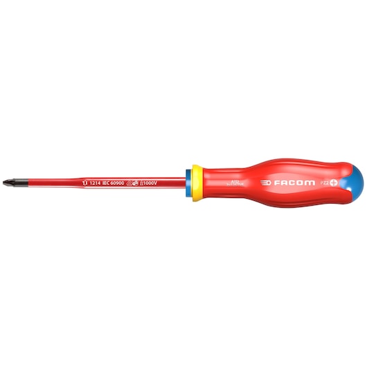 Facom insulated Pozidriv screwdriver ATD2x125TVE with red and yellow handle, white background, side view.