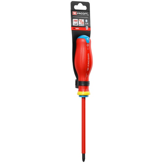 Facom PROT_SD_PZ_2X125_1000V insulated Pozidriv screwdriver with red handle and yellow-blue accents, front view.