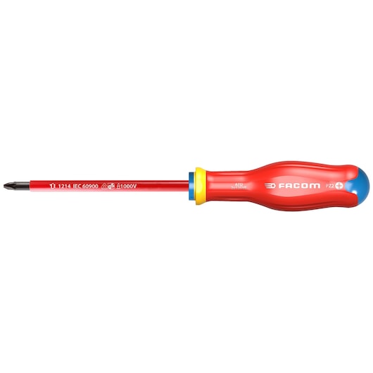 Facom insulated Pozidriv screwdriver, red and yellow handle, side view, SKU ATD2X125VE.