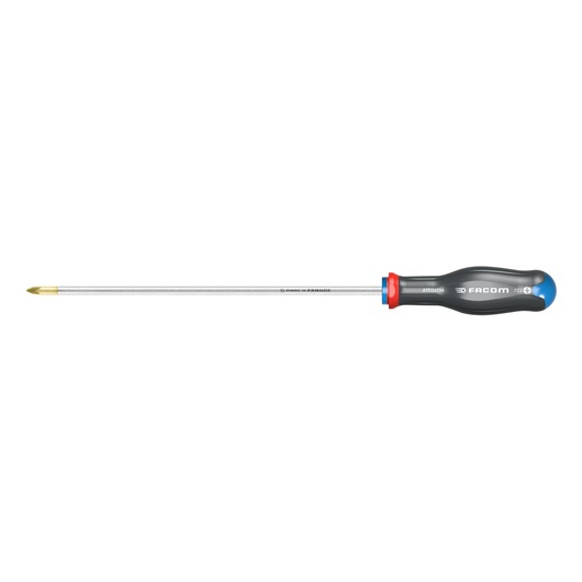 Facom ATD2X250 Phillips screwdriver with long shaft and black ergonomic handle, side angle, white background.