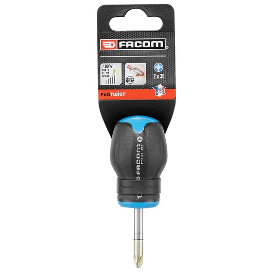 Facom PROT_SD_PZ__2X35_STD ProTwist stubby Phillips screwdriver with black and blue handle, front angle.