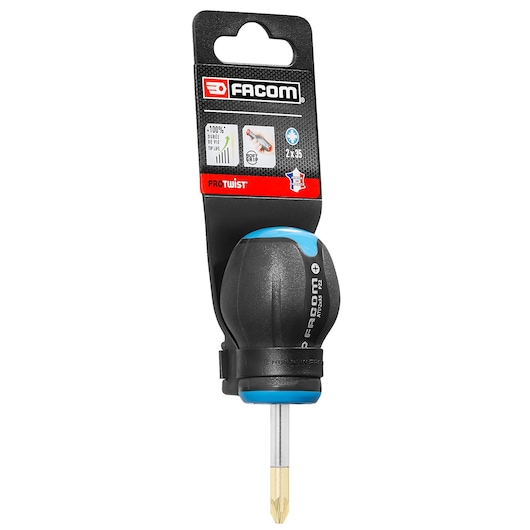 Facom PROT_SD_PZ__2X35_STD stubby Phillips screwdriver with black ergonomic handle and blue accents, front angle.