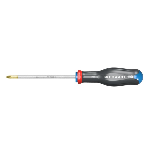 Facom ATD3X150 Phillips screwdriver with black and red ergonomic handle, gold tip, side view on white background.