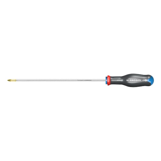 Facom ATD4X200 long Phillips screwdriver with black handle, blue and red accents, side angle, white background.