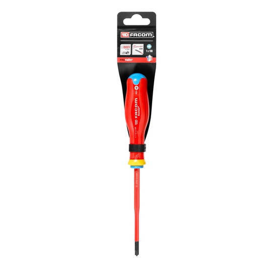 Facom insulated Pozidriv screwdriver ATDB1X100TVE.PB, red handle with black and yellow accents, front angle on white.