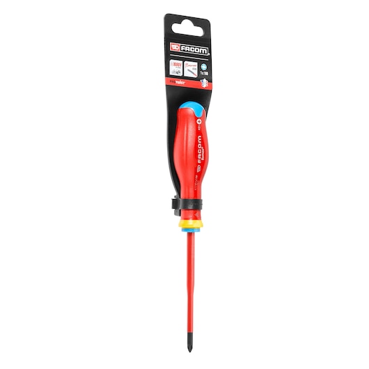 Photo of Facom insulated Phillips screwdriver ATDB1X100TVE.PB with red handle and yellow-blue accents, front view.