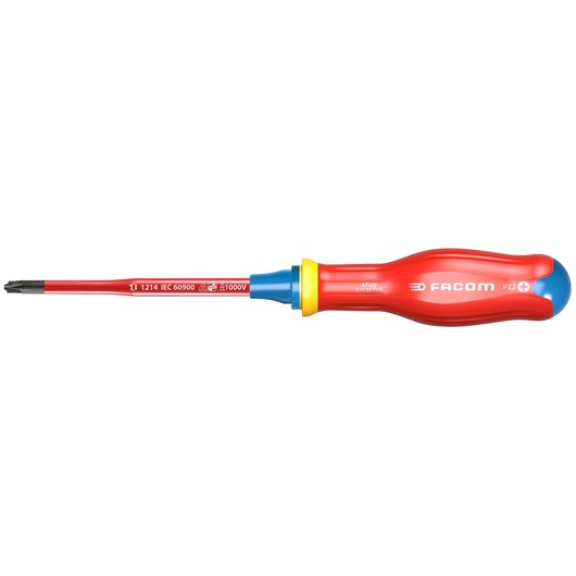 Photo of Facom ATDB2X125TVE insulated Pozidriv screwdriver with red, yellow, and blue handle, side view, white background.