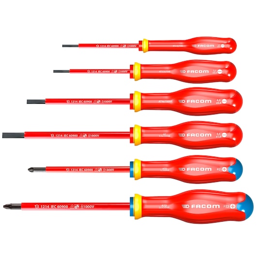 Photo of Facom ATDVE.J6PB insulated screwdriver set, six pieces, red handles, white background, product side view.