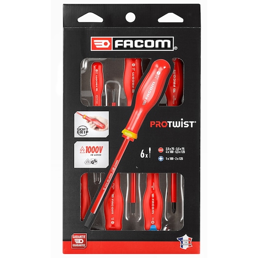 Facom ATDVE.J6PB Protwist insulated screwdriver set, six pieces with red handles, front packaging close-up.