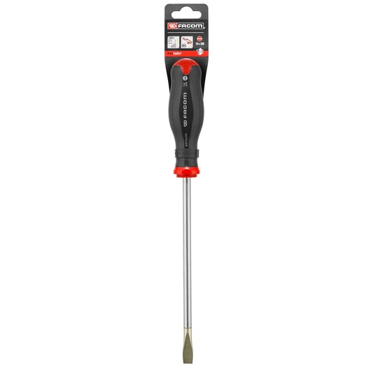 Photo of Facom ATF8X150PB flathead screwdriver, black and red handle, long metal shaft, front angle, white background.