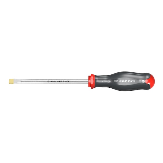 Facom ATF10X200 slotted screwdriver with black and red handle, side view on white background.