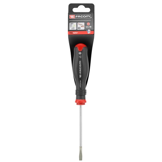 Facom flathead screwdriver PROT_SD_FLARED_5.5X100_STD with black and red handle, front view on white background.