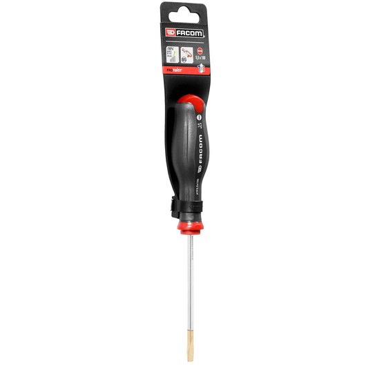 Facom flared slotted screwdriver PROT_SD_FLARED_5.5X100_STD, black handle, front view on white background.