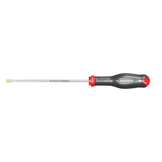 Photo of Facom flathead screwdriver ATF5_5X100 with black and red handle, side angle on white background.