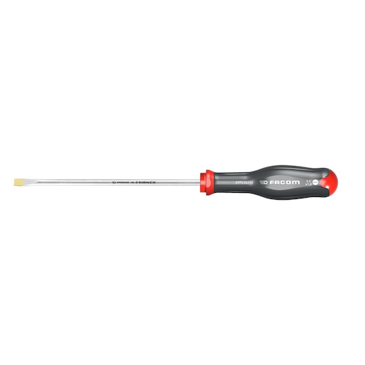 Facom ATF5_5X150 flathead screwdriver, black and red handle, side view, on white background.