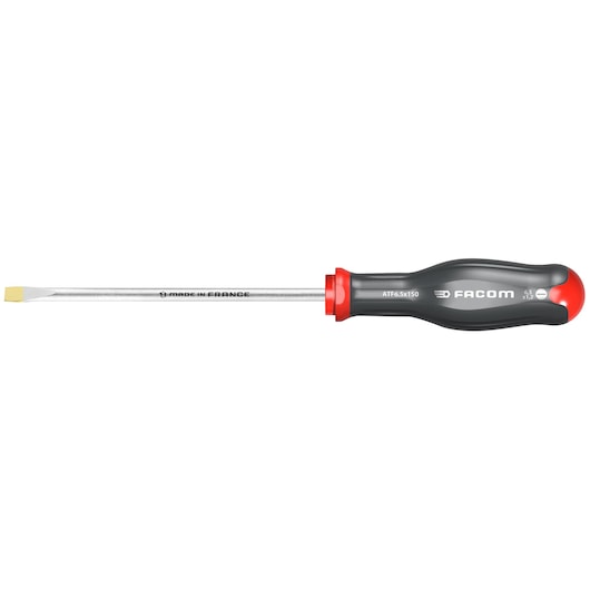Facom ATF6_5X100 flathead screwdriver with black and red handle, side view on white background.