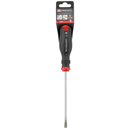 Facom ATF6_5X150PB flathead screwdriver with black and red ergonomic handle, front angle on white background.