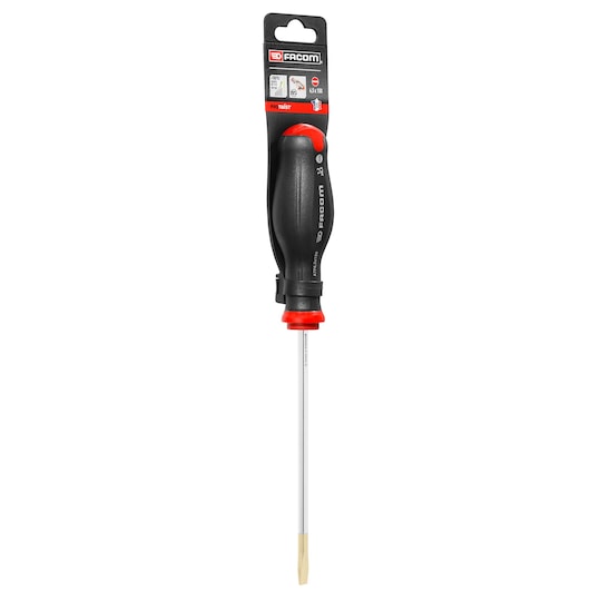 Facom flathead screwdriver with black and red handle, long metal shaft, ATF6_5X150PB, front angle, white background.