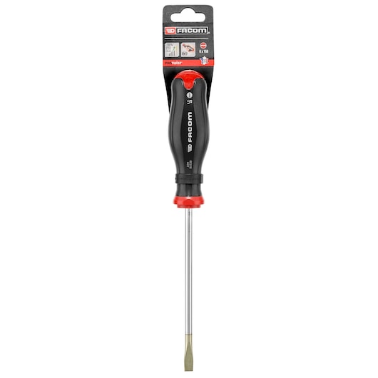 Facom flathead screwdriver ATF8X150PB with black and red ergonomic handle, front angle on white background.