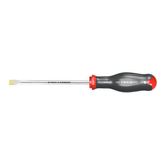 Facom ATF8X200 flathead screwdriver with black and red ergonomic handle, side view on white background.