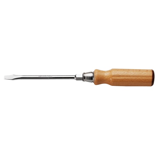 Facom ATHH_14X250 flathead screwdriver with wooden handle, side view on white background.