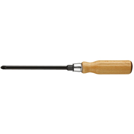 Facom ATHH_D2 Phillips screwdriver with wooden handle and black shaft, side view on white background.
