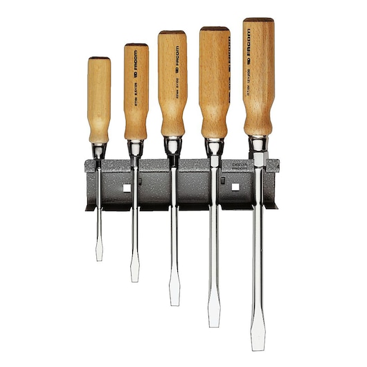 Facom ATHH_JS5 photography of five flathead screwdrivers with wooden handles on a metal rack, front angle.