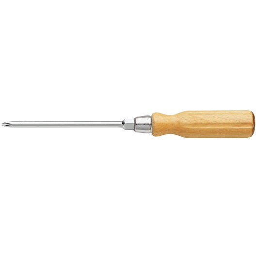 Facom ATHH_P1 Phillips screwdriver with a wooden handle, side view on white background.