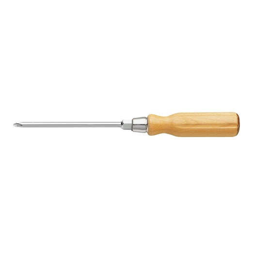 Facom ATHH_P3 Phillips screwdriver with long steel shaft and light wood handle, side view, white background.