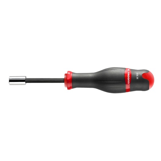 Facom ATM_H nut driver with black and red ergonomic handle, chrome socket, side view on white background.