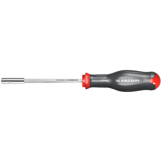 Facom ATM_M2 nut driver with black and red ergonomic handle, horizontal angle on white background.
