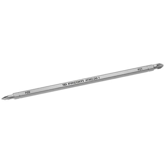 Facom double-ended screwdriver bit ATMZ.D0-1, silver, PZ0 and PZ1 tips, side angle, white background.