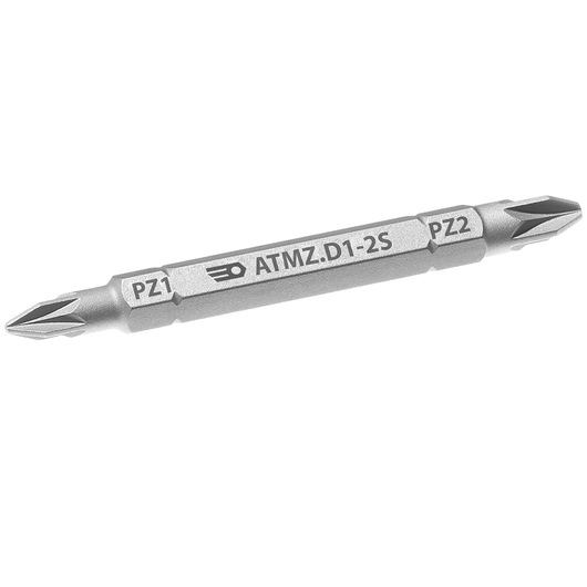Facom ATMZ.D1-2S double-ended screwdriver bit, PZ1 and PZ2 tips, silver finish, product on white background.