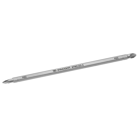 Facom ATMZ.D2-3 double-ended screwdriver bit with PZ2 and PZ3 tips, silver, side angle, photography