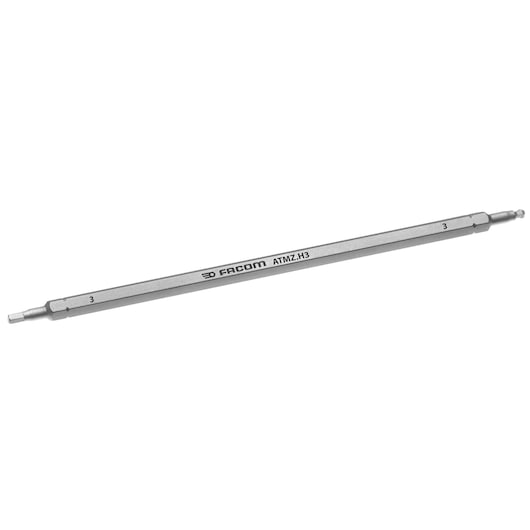 Facom ATMZ.H3 hexagonal double-ended metal screwdriver bit on white background, side angle.