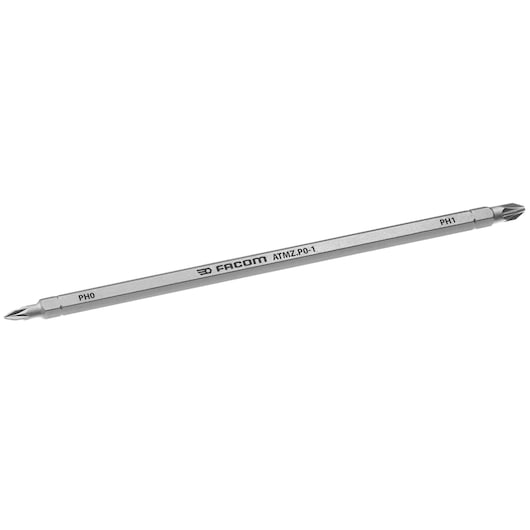 Photo of Facom ATMZ.P0-1 double-ended Phillips screwdriver bit, silver color, white background, angled view.
