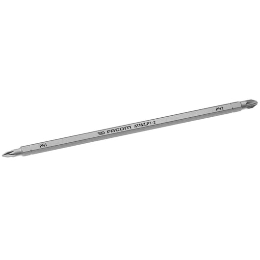 Facom ATMZ.P1-2 double-ended Phillips screwdriver bit, silver, PH1 and PH2, side angle, photography.