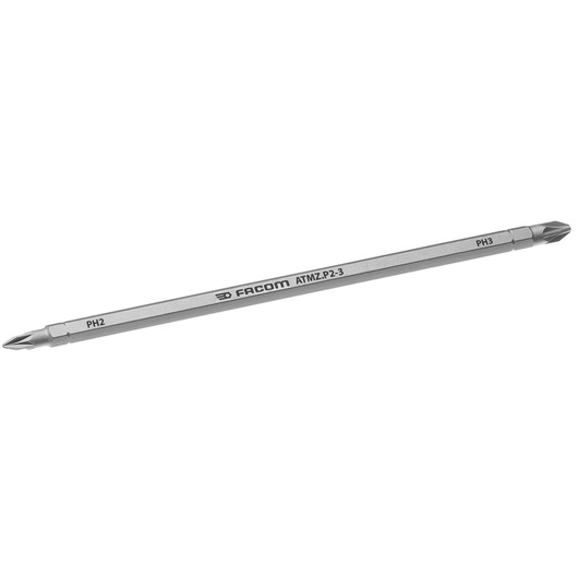 Facom ATMZ.P2-3 dual-ended Phillips screwdriver bit, silver, PH2 and PH3, product side angle.