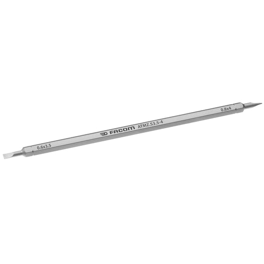 Photo of Facom ATMZ.S3.5-4 double-ended precision screwdriver bit with flat and pointed tips, angled on white background.