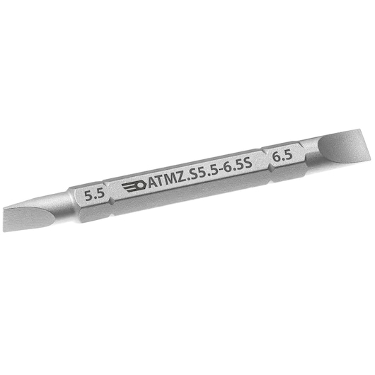 Facom ATMZ.S5.5-6.5S double-ended slotted screwdriver bit, silver, side angle, photography.