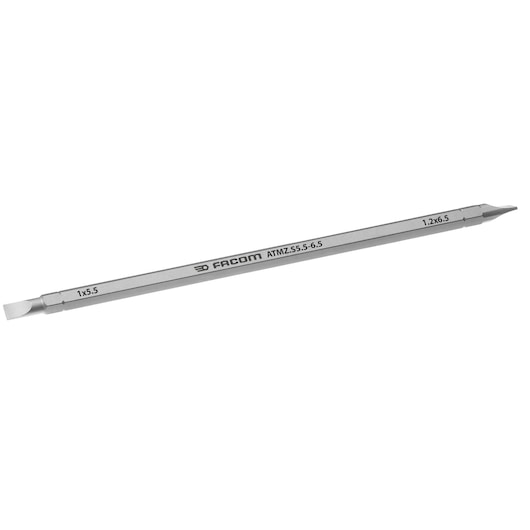Facom ATMZ.S5.5-6.5 double-ended slotted screwdriver bit, silver, angled on white background.