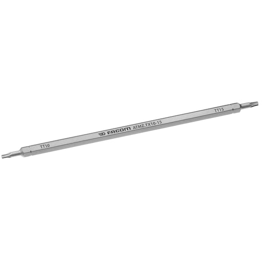 Facom ATMZ.TX10-15 double-ended Torx screwdriver bit, silver finish, side angle, tool photography